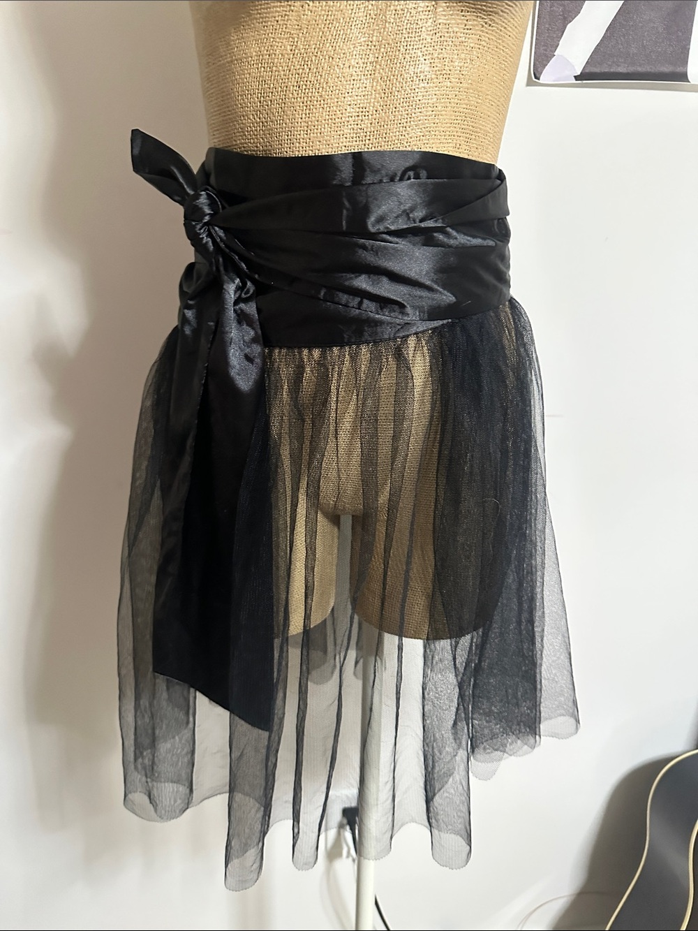 La Vie En Rose Black Sheer Tulle Wrap Mini Skirt with Satin Tie
